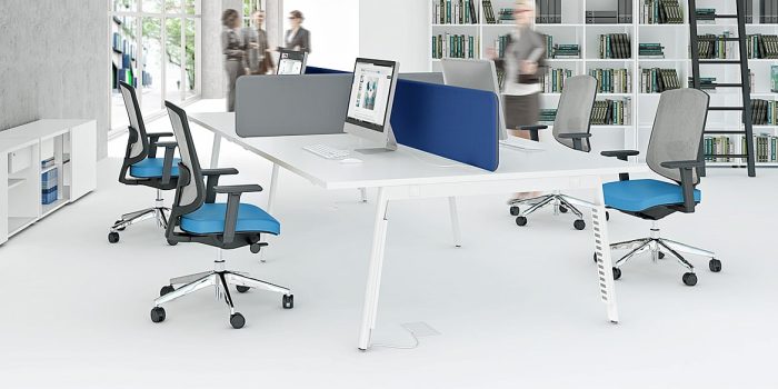 4 person white desk with screens