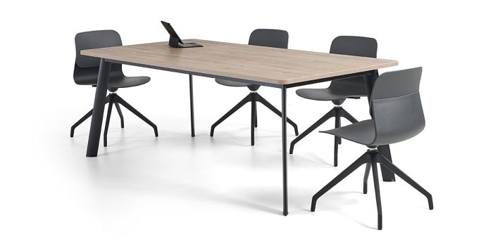 Black meeting table with a wood top