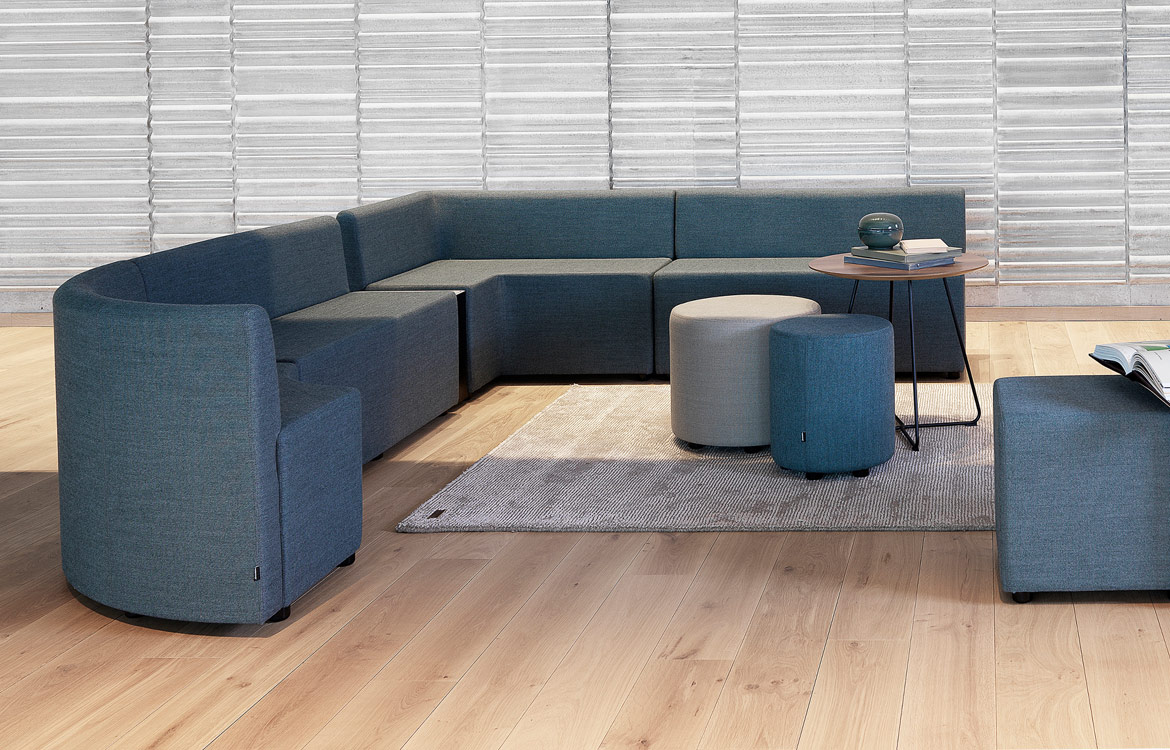 Blue fabric L shaped seating