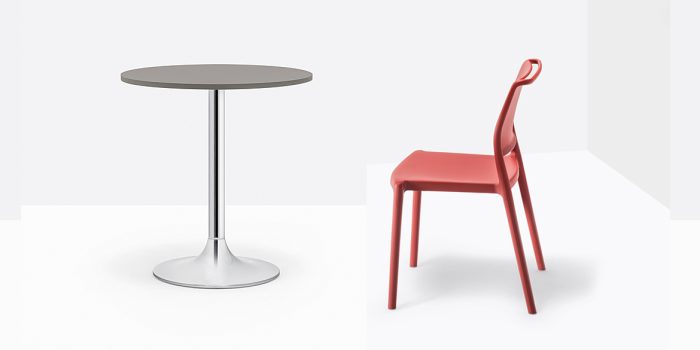 Chrome cafe table with red chair