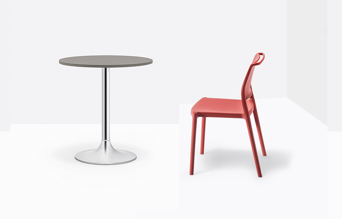 Chrome cafe table with red chair