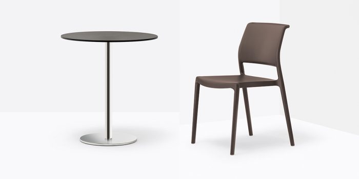 Chrome round cafe table with brown chair