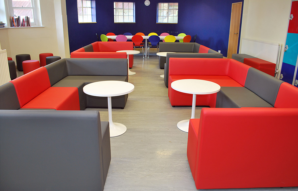 Red and grey modular cube seating