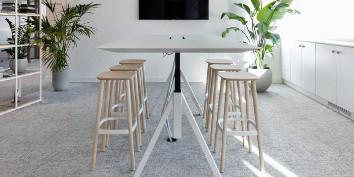 Commercial height adjustable meeting table with stools