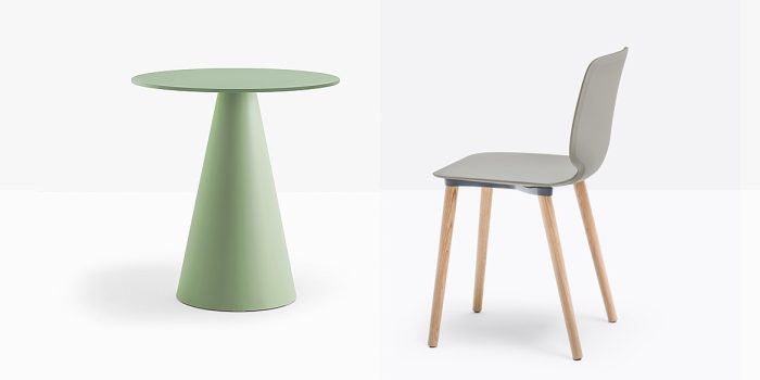 Cone shaped table with wood chair