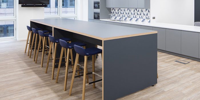 Dark grey canteen table with stools