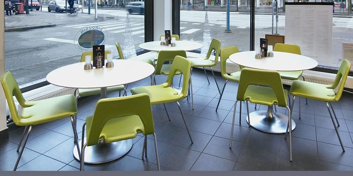 White canteen table with a brushed metal base