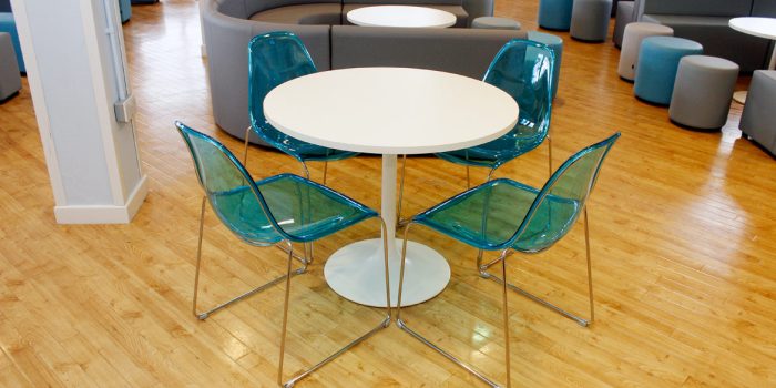 White canteen table blue chairs