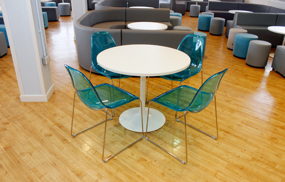 White canteen table blue chairs