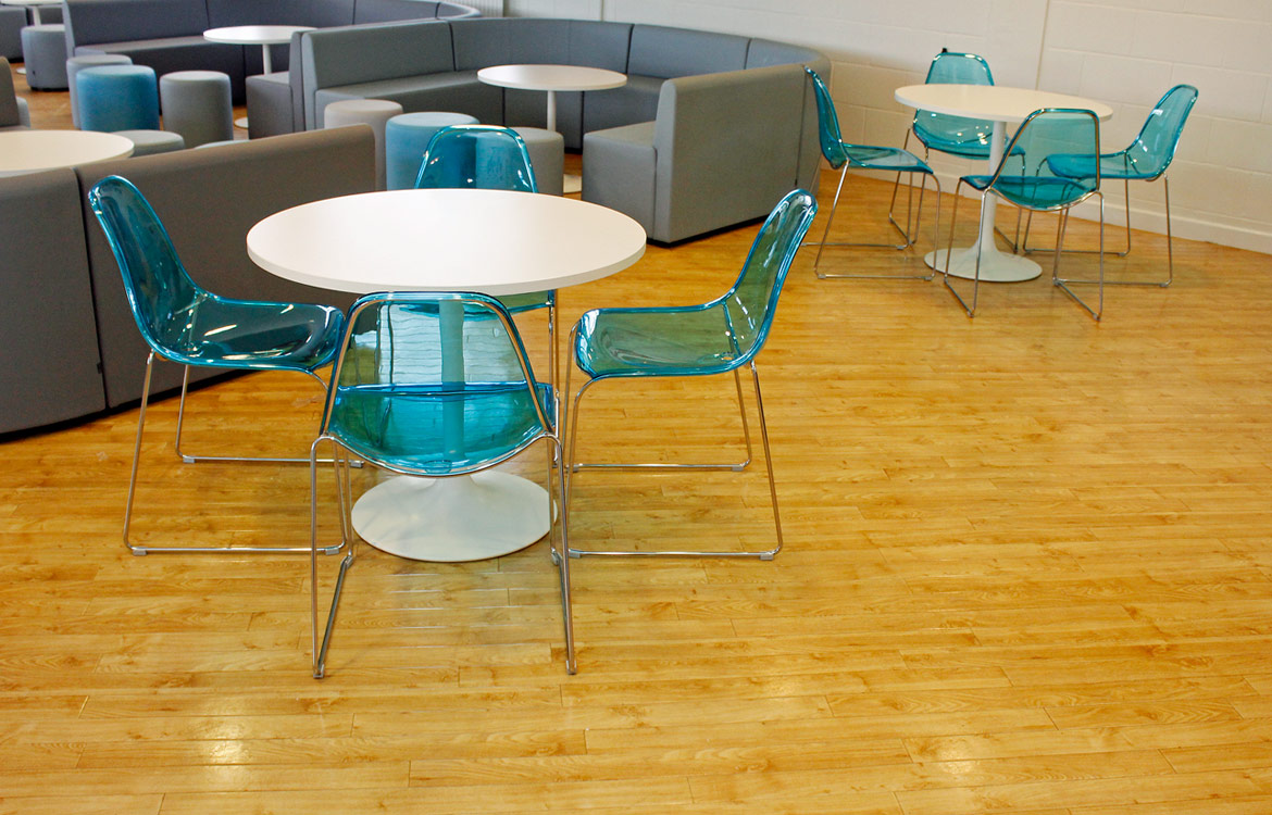Round white canteen table blue chairs