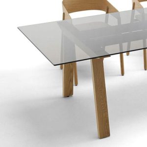 Glass meeting tables with wood legs