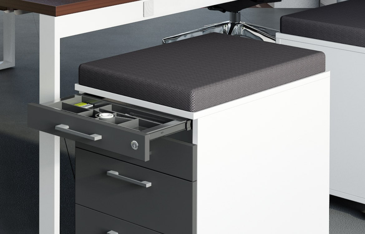 Grey under desk storage with seat pad