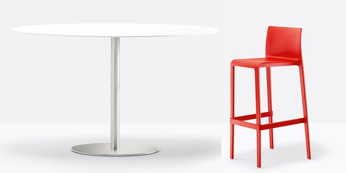 Large high round canteen table with red stool