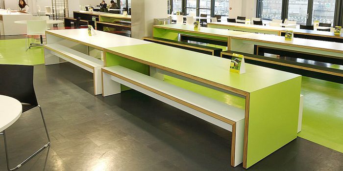 Green staff dining table and bench
