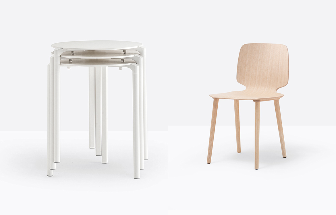 Small Jump white stacking table with light wood chair