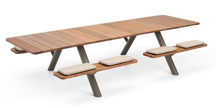 Long luxury wood picnic table with seat cushions