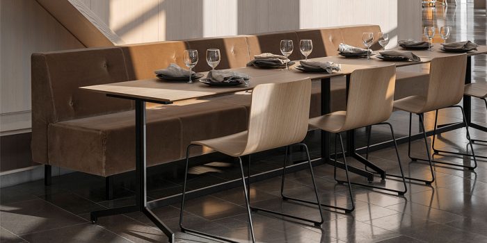 Long sofa with cafe tables & chairs