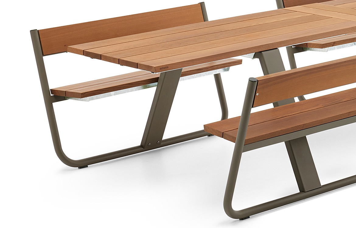 Luxury wood picnic table closeup
