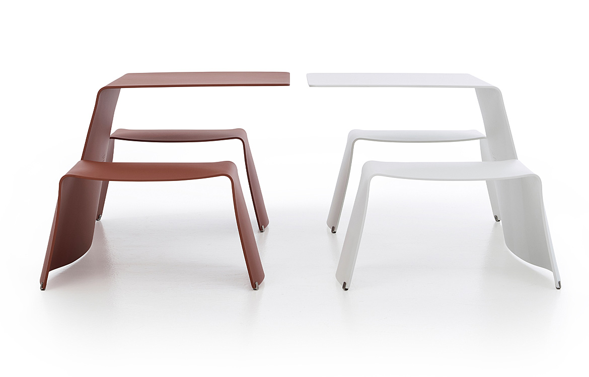 Red and white metal picnic table