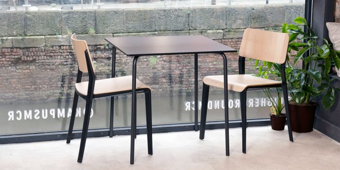 Ovo recycled plastic canteen chair with a wood seat