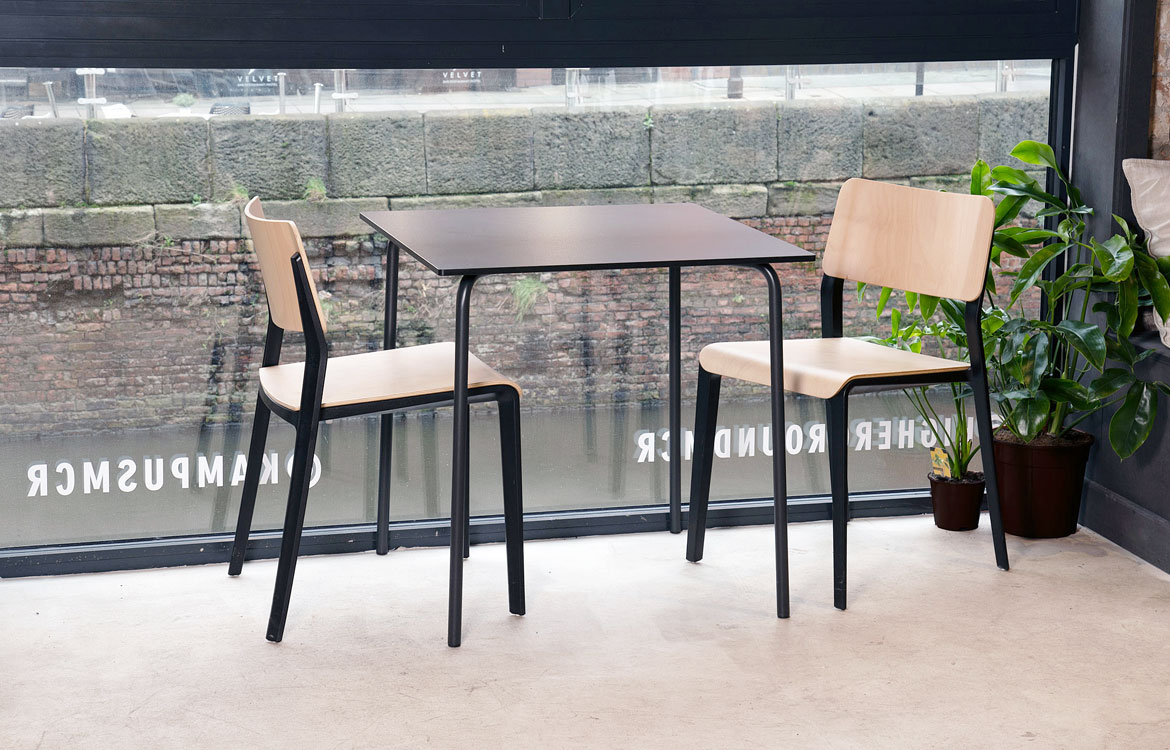 Ovo recycled plastic canteen chair with a wood seat