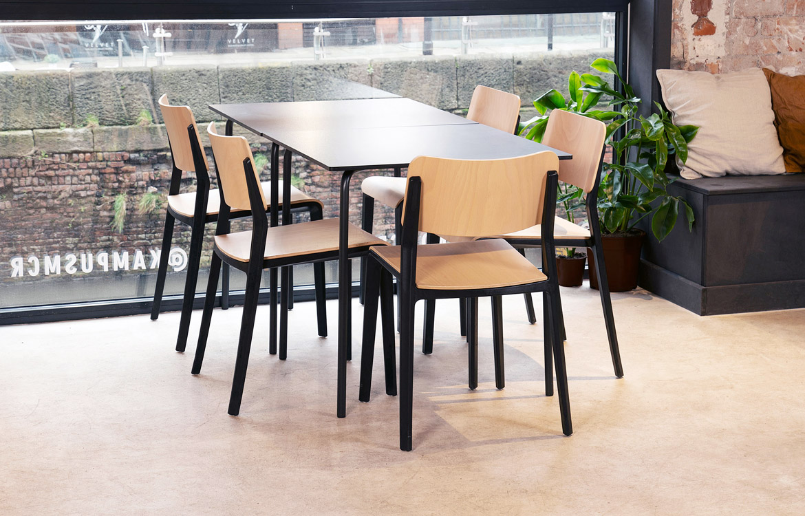 Ovo recycled plastic chair with a wood seat