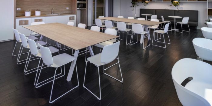 Pedrali Arki staff canteen table with a wood top