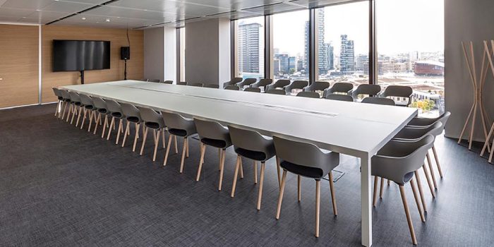 Pedrali Babila meeting chairs in grey with large white table