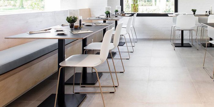 Pedrali Babila white plastic cafe chair with black table