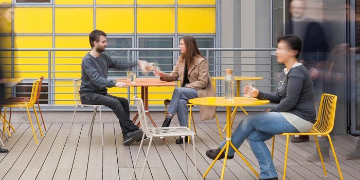 Pedrali Nolita yellow metal chair with matching table