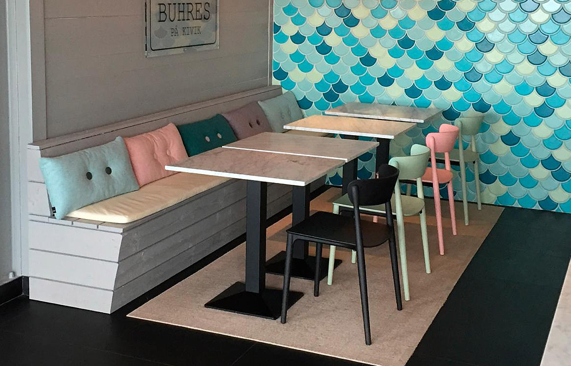 Colourful wood cafe chairs