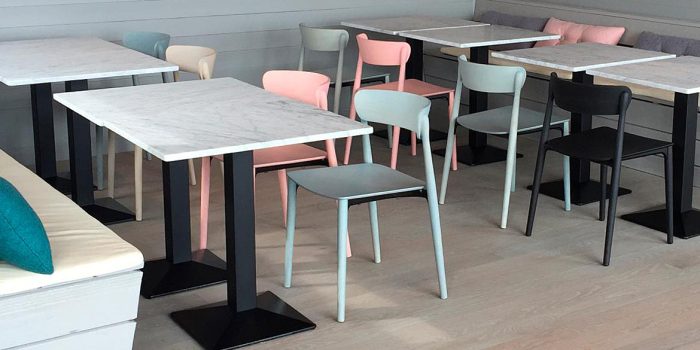 Colourful wood cafe chairs
