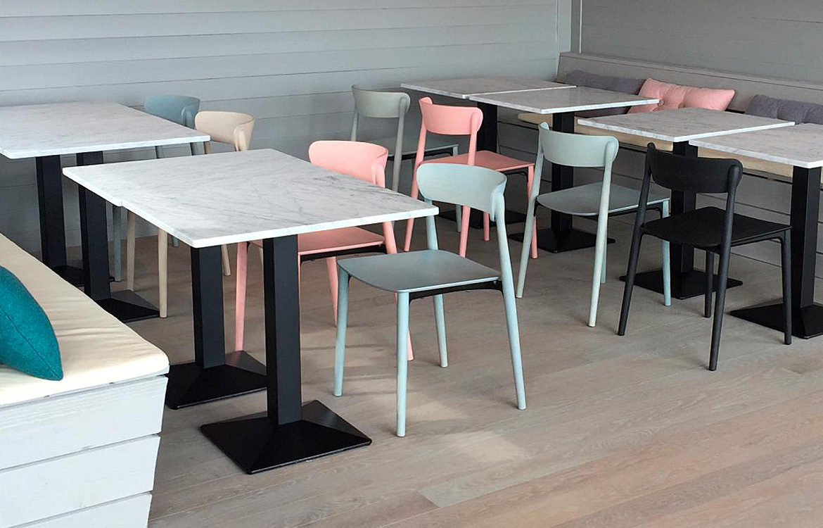 Colourful wood cafe chairs