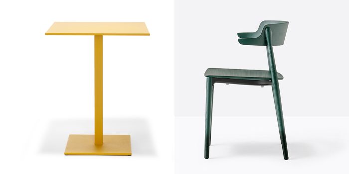 Yellow cafe table with green wood chair