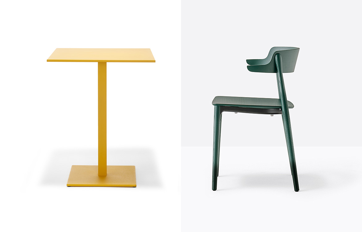 Yellow cafe table with green wood chair