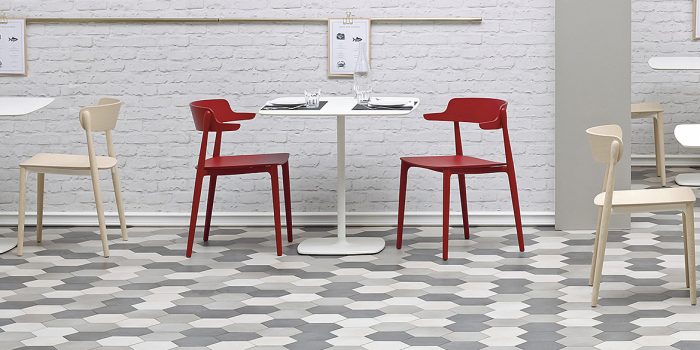 Pedrali stylus white cafe table red chair