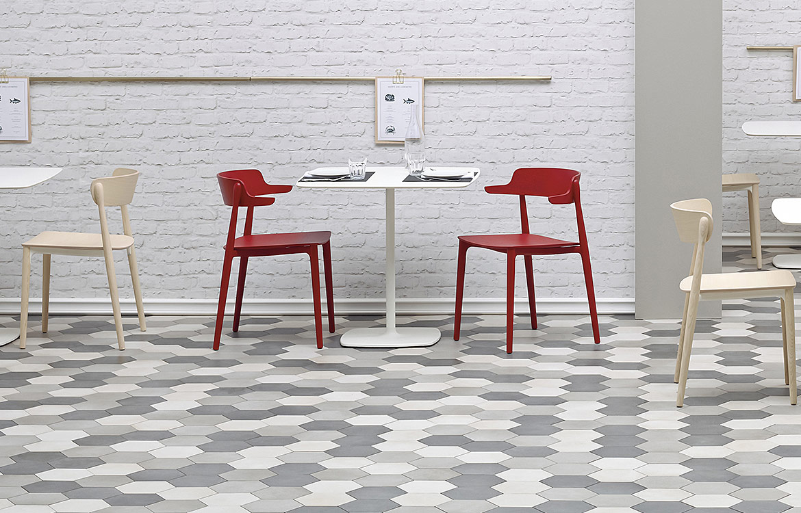Pedrali stylus white cafe table red chair