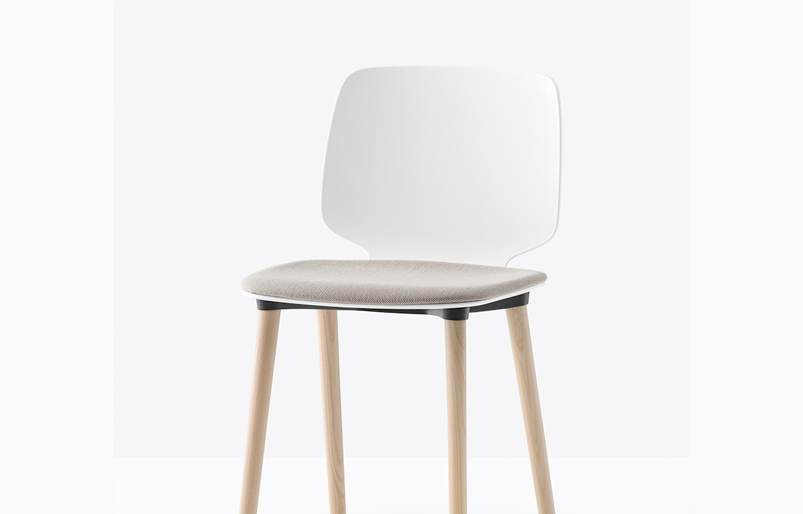 White cafe chair with a seat pad and wood legs