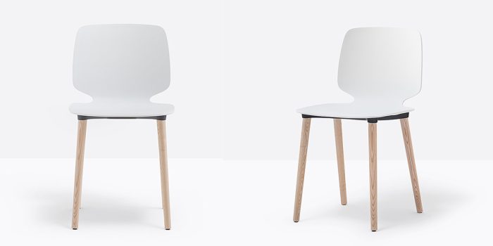 White cafe chair with a seat pad and wood legs