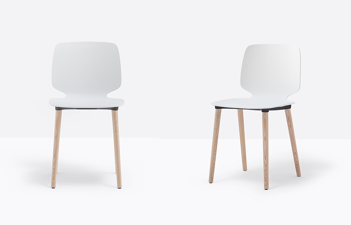 White cafe chair with a seat pad and wood legs