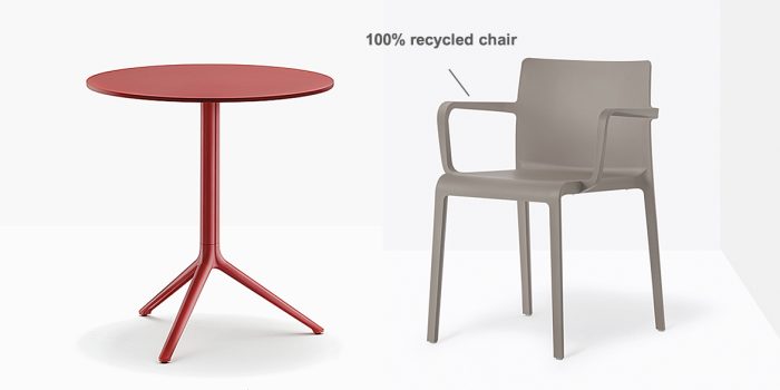Red folding cafe table with grey chair