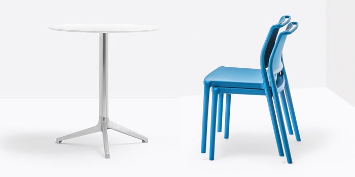 Shiny cafe table base blue stacking chair