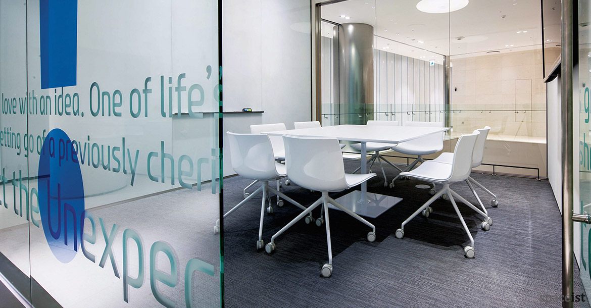 Square Dizzie office table with Catifa chairs on castors