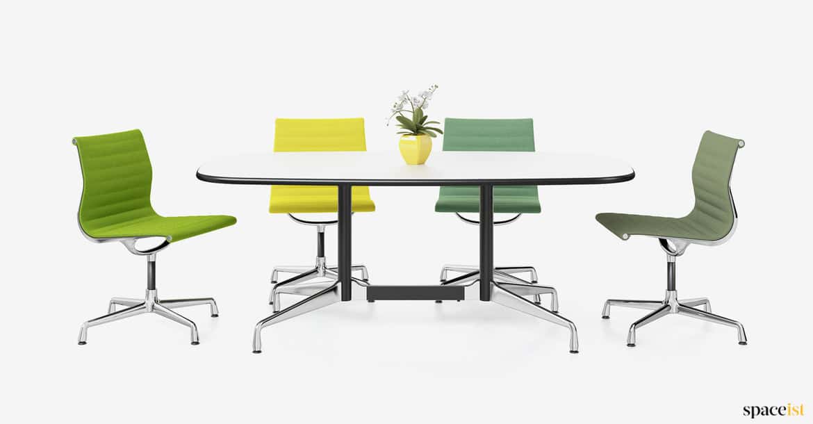 White Table D-end Table with Green Chairs