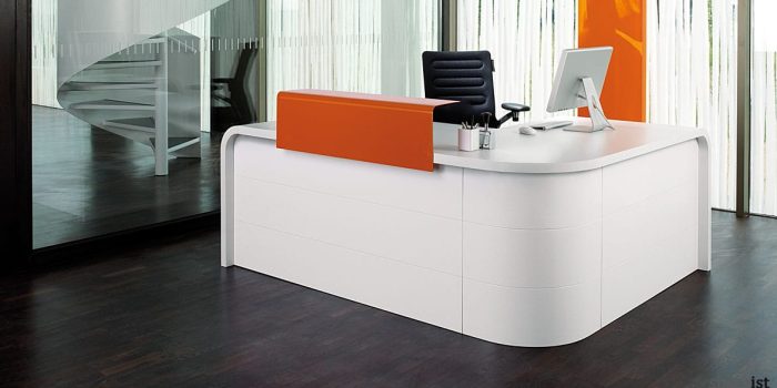 Hi-line orange corner desk with rounded ends
