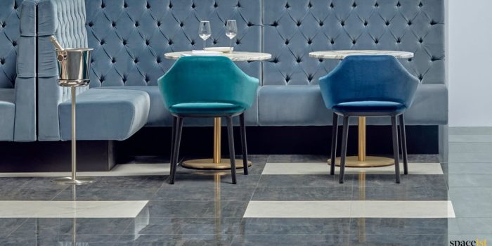 White Italian marble top with a brass cafe table base
