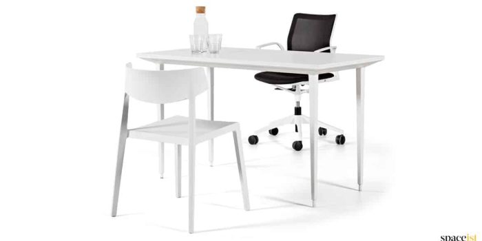 White height adjustable desk with chair