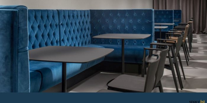 Blue velvet modern banquette booth