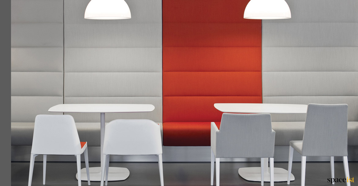 Orange + grey banquette seating