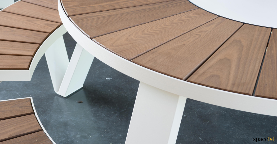Outdoor wood table closeup - Pentagale